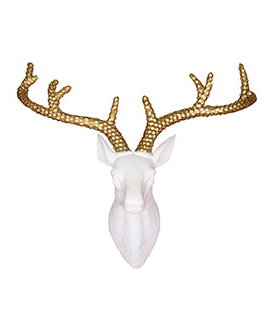 White ceramic deer head with gold antlers